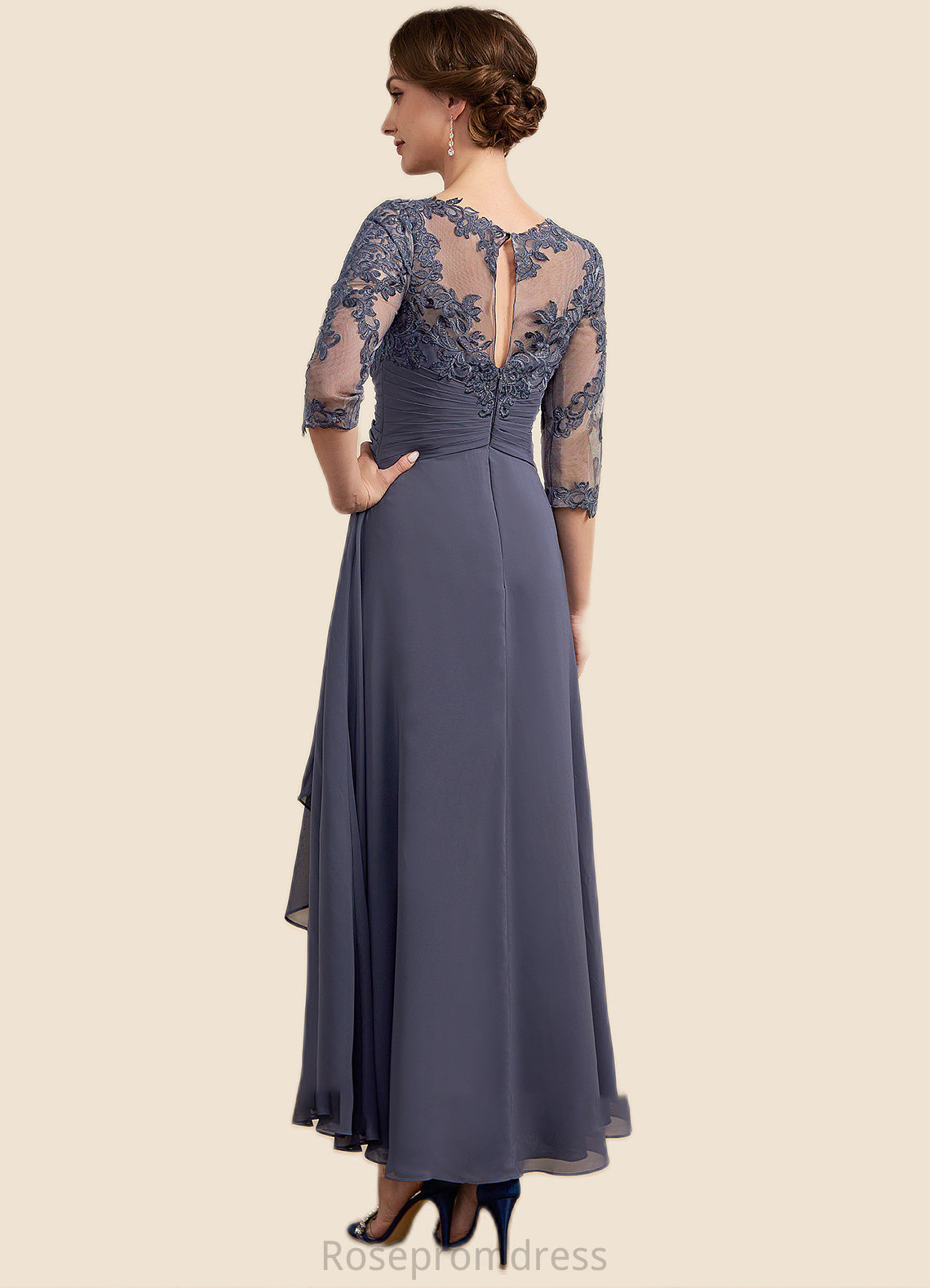 Aubree A-Line Scoop Neck Asymmetrical Chiffon Lace Mother of the Bride Dress With Ruffle SRSP0014531
