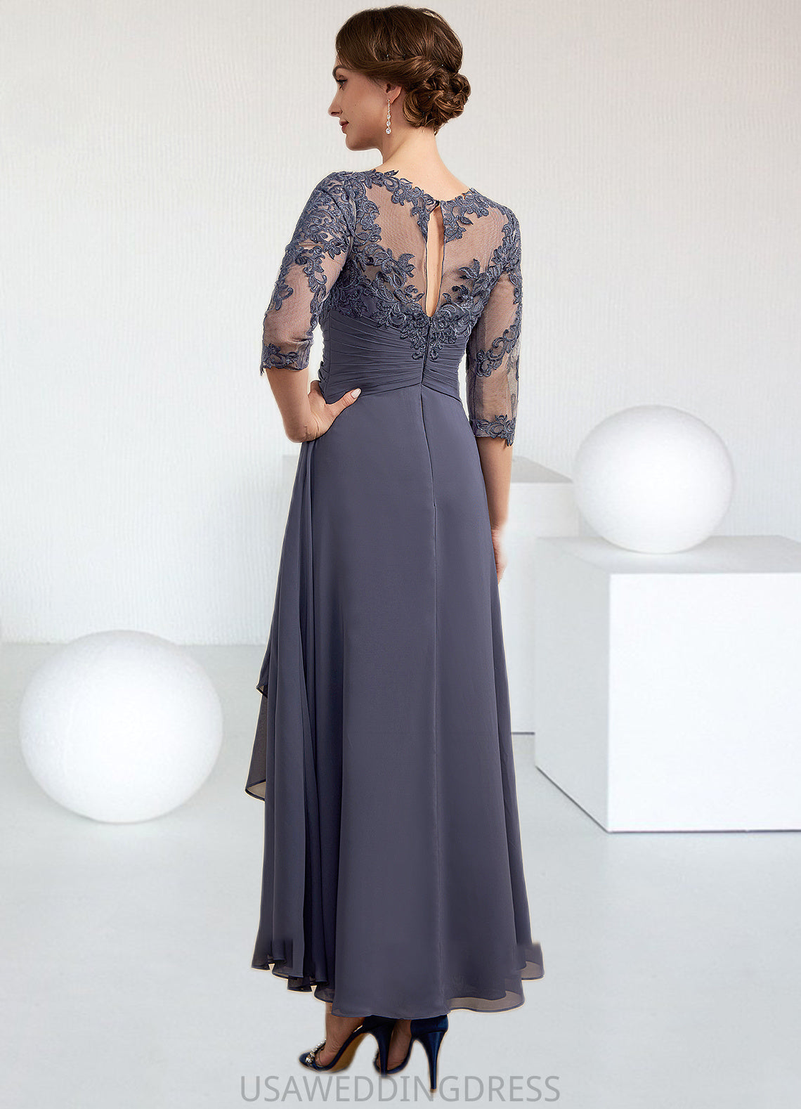 Madalynn A-Line Scoop Neck Asymmetrical Chiffon Lace Mother of the Bride Dress With Ruffle DS126P0014531