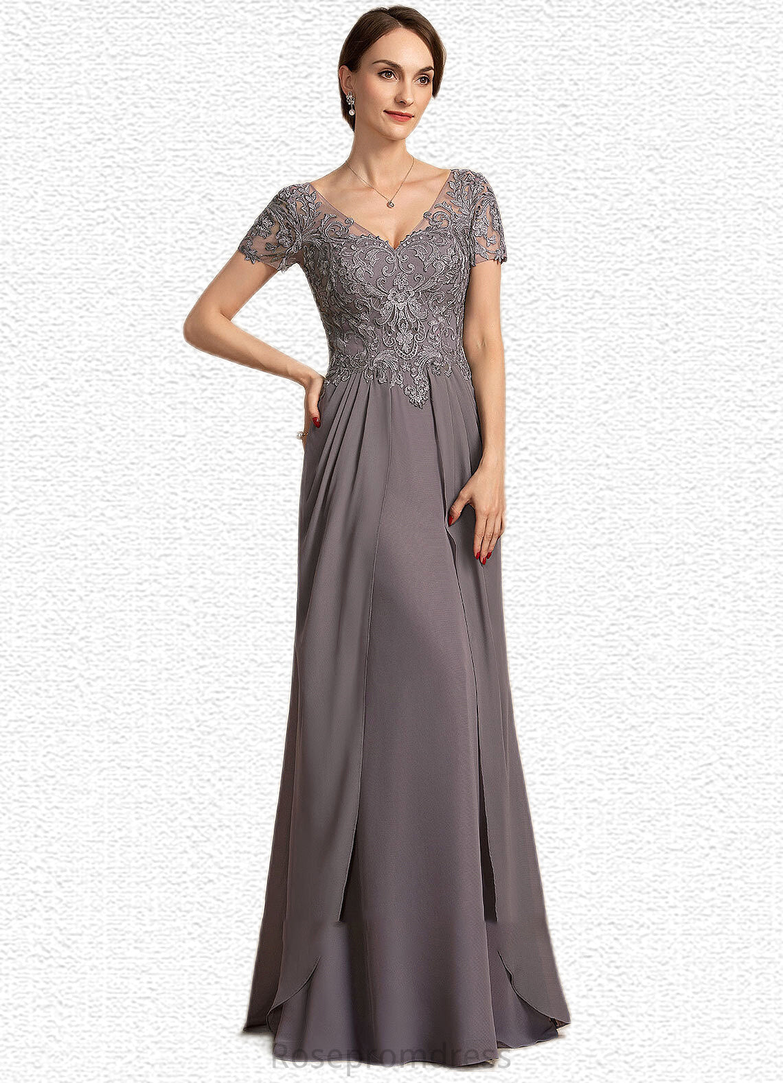 Ainsley A-line V-Neck Floor-Length Chiffon Lace Mother of the Bride Dress SRSP0014532
