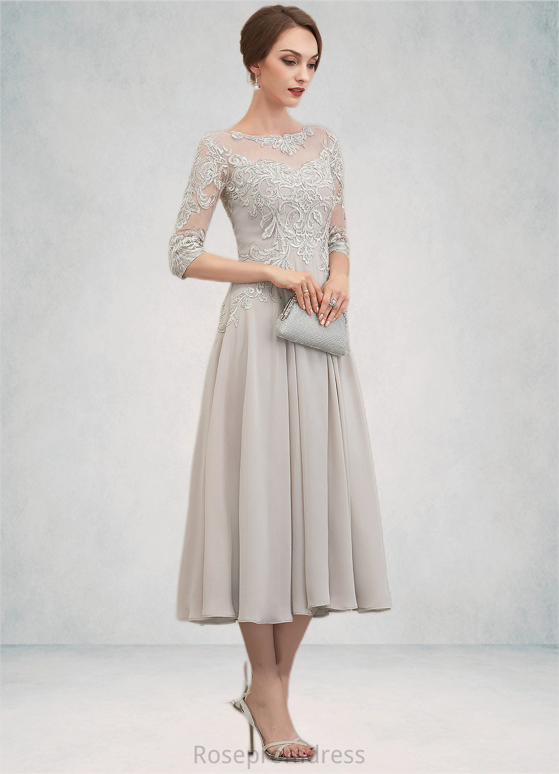 Alice A-Line Scoop Neck Tea-Length Chiffon Lace Mother of the Bride Dress With Beading Sequins SRSP0014535