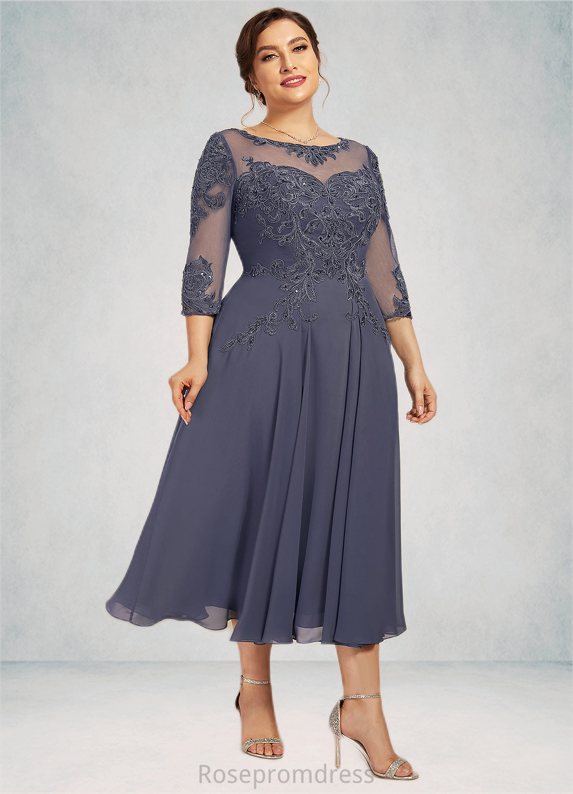 Alice A-Line Scoop Neck Tea-Length Chiffon Lace Mother of the Bride Dress With Beading Sequins SRSP0014535