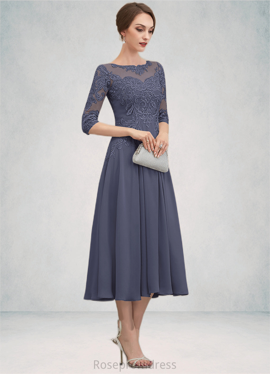 Alice A-Line Scoop Neck Tea-Length Chiffon Lace Mother of the Bride Dress With Beading Sequins SRSP0014535