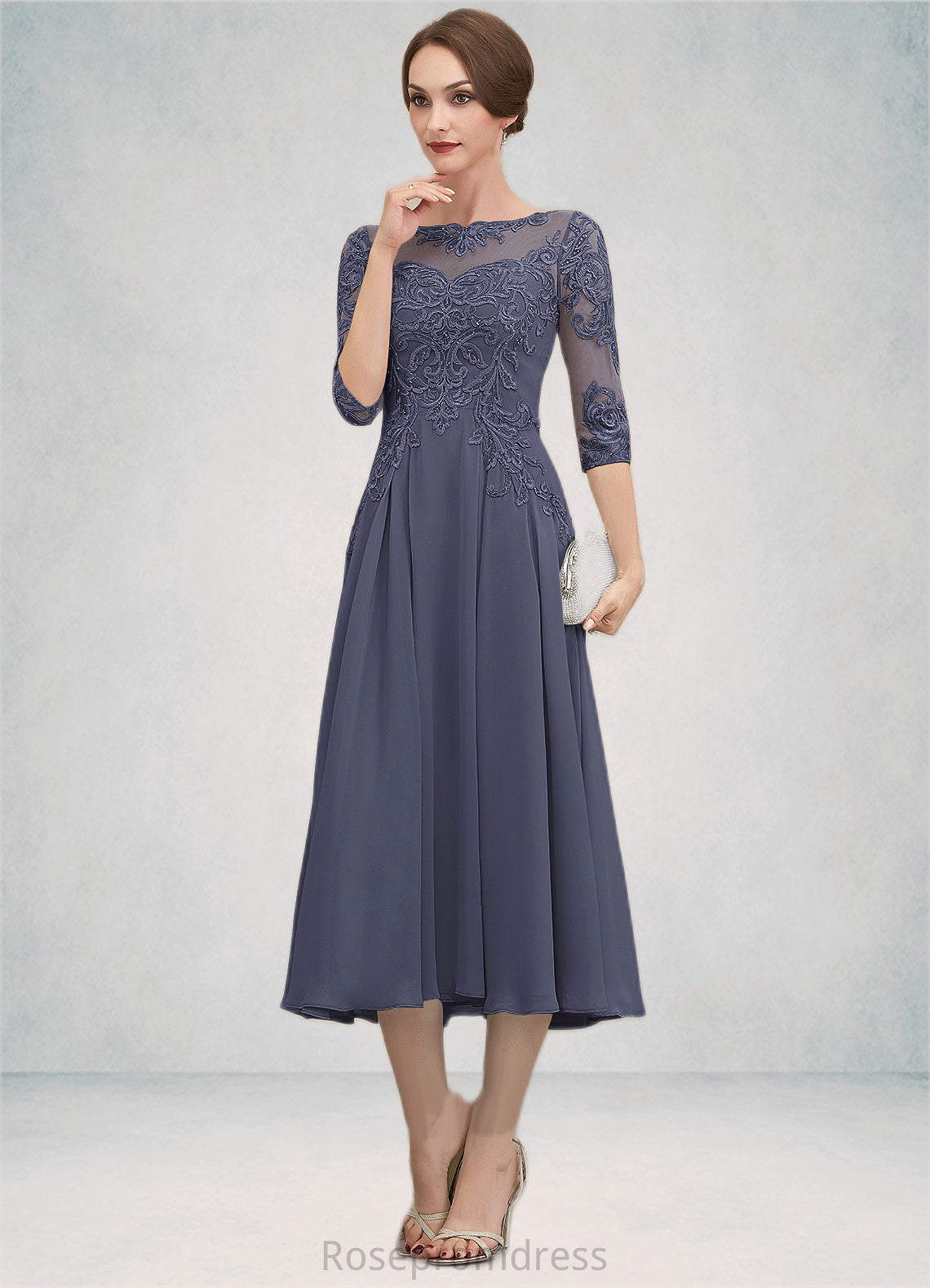 Alice A-Line Scoop Neck Tea-Length Chiffon Lace Mother of the Bride Dress With Beading Sequins SRSP0014535