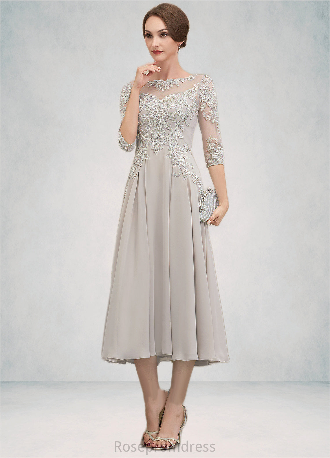 Alice A-Line Scoop Neck Tea-Length Chiffon Lace Mother of the Bride Dress With Beading Sequins SRSP0014535