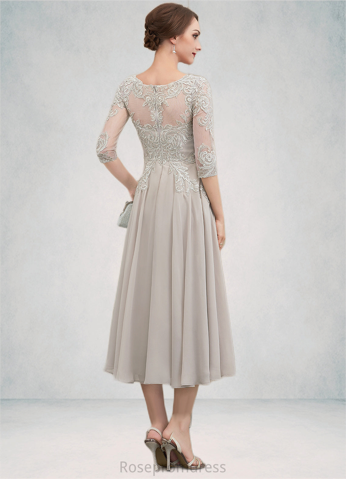 Alice A-Line Scoop Neck Tea-Length Chiffon Lace Mother of the Bride Dress With Beading Sequins SRSP0014535