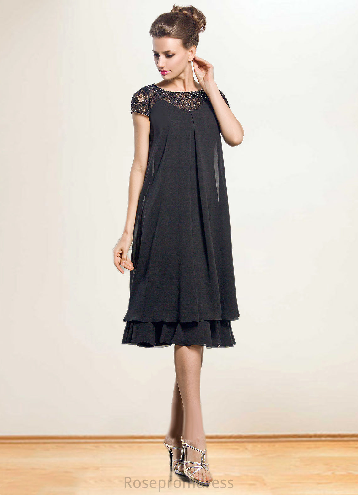 Priscilla Empire Scoop Neck Knee-Length Chiffon Mother of the Bride Dress With Beading Sequins SRSP0014537