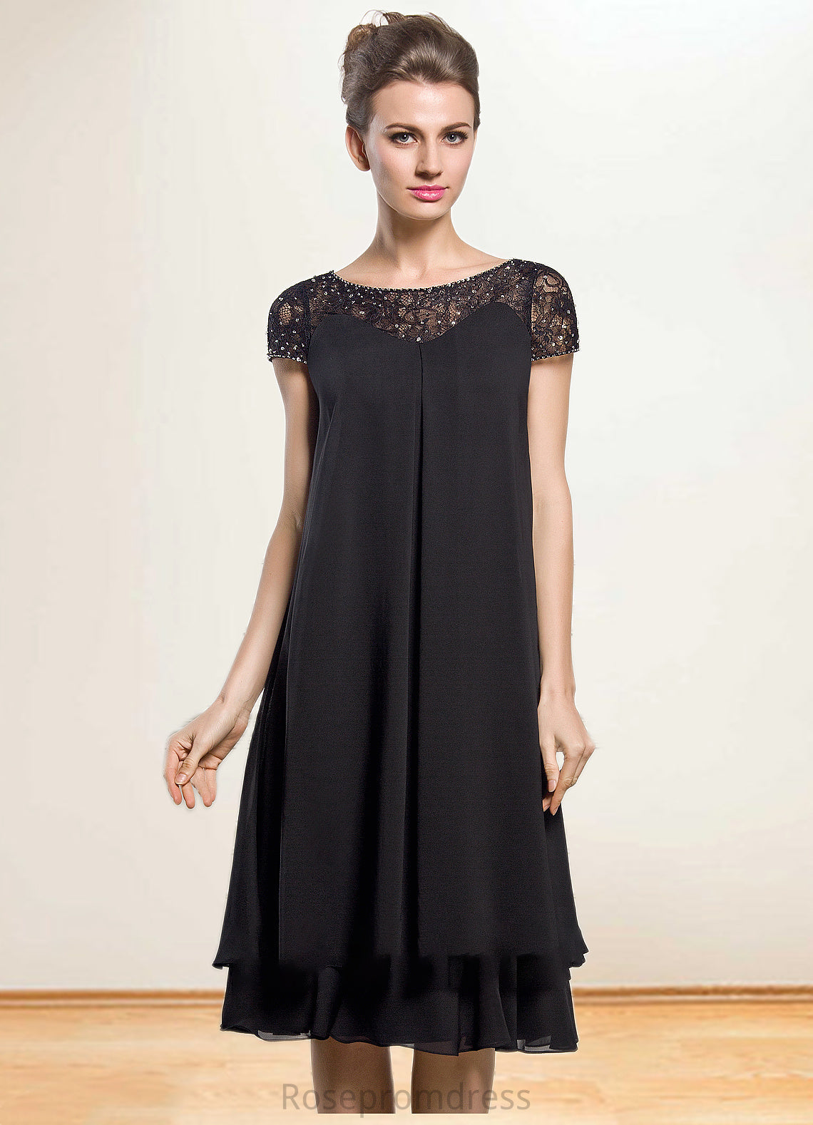 Priscilla Empire Scoop Neck Knee-Length Chiffon Mother of the Bride Dress With Beading Sequins SRSP0014537