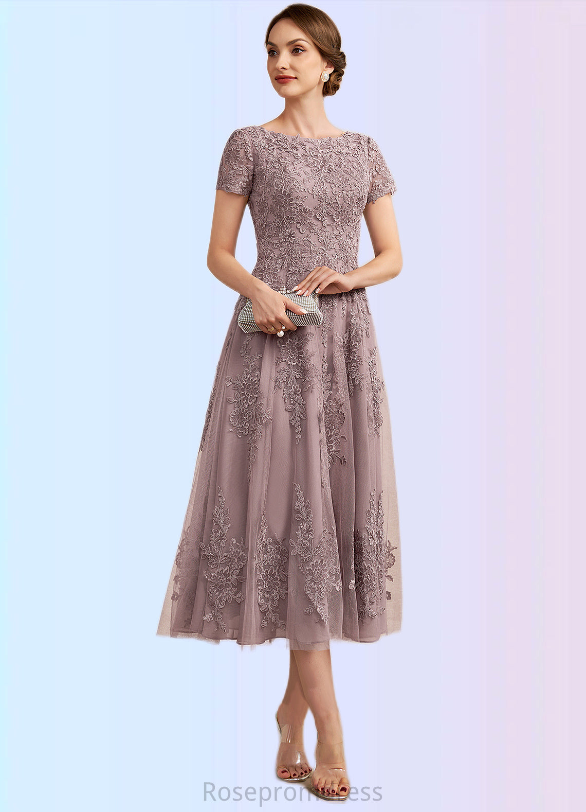 Bella A-Line Scoop Neck Tea-Length Tulle Lace Mother of the Bride Dress SRSP0014538