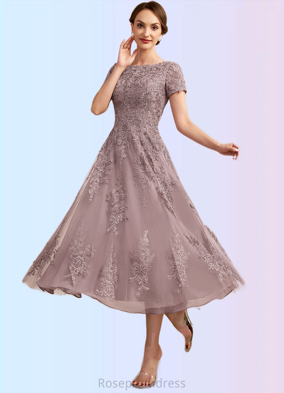 Bella A-Line Scoop Neck Tea-Length Tulle Lace Mother of the Bride Dress SRSP0014538