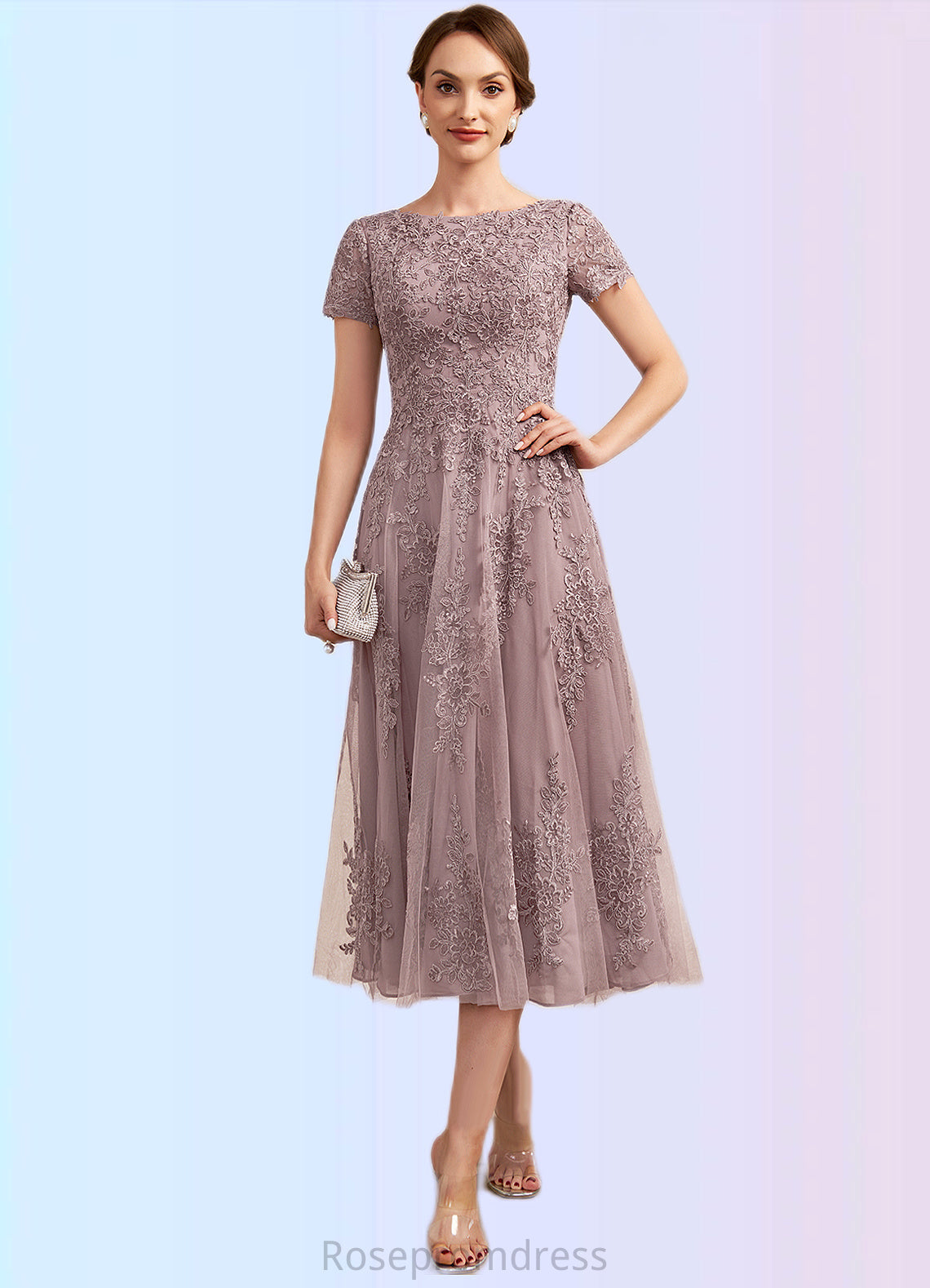 Bella A-Line Scoop Neck Tea-Length Tulle Lace Mother of the Bride Dress SRSP0014538