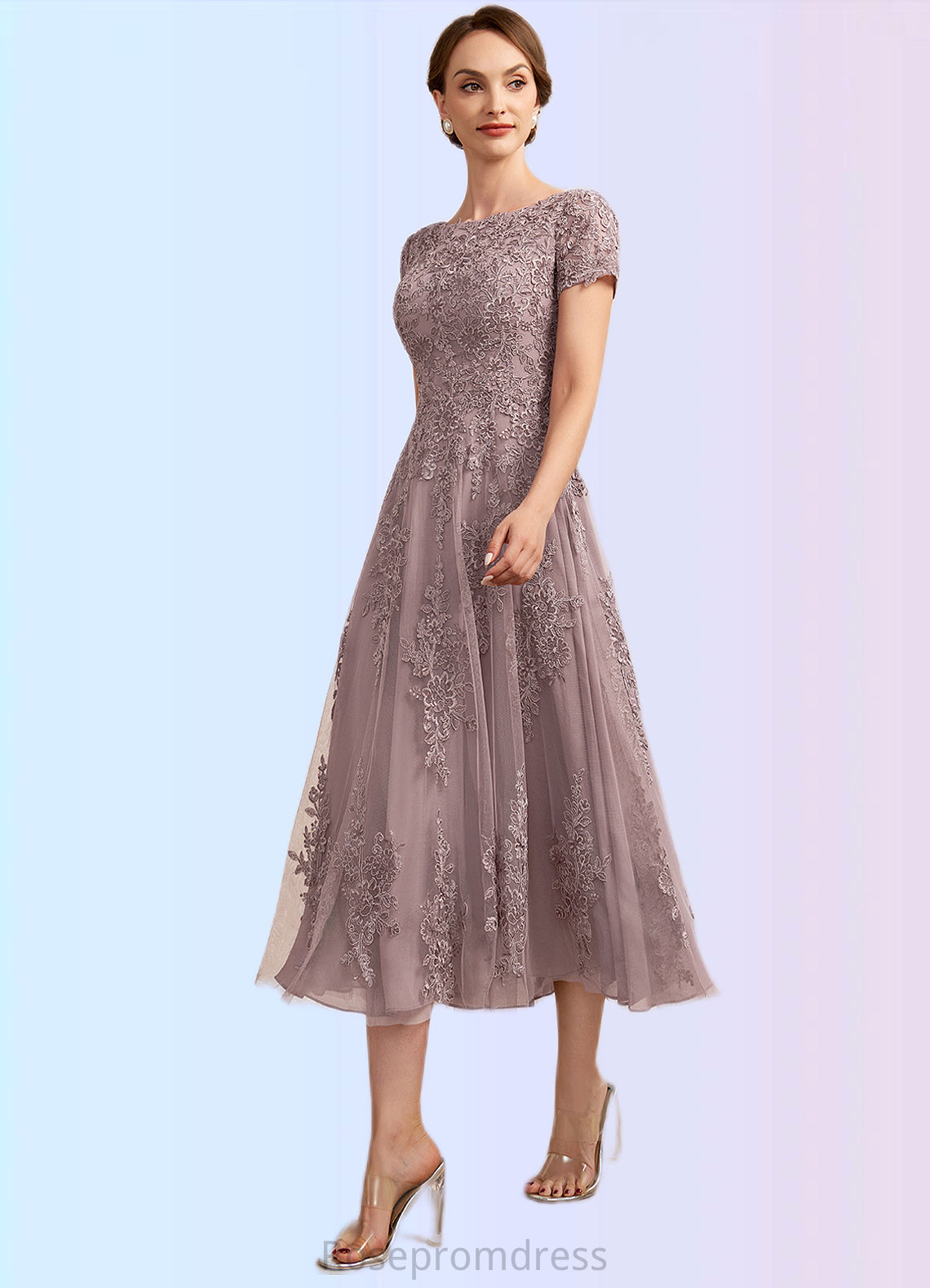 Bella A-Line Scoop Neck Tea-Length Tulle Lace Mother of the Bride Dress SRSP0014538