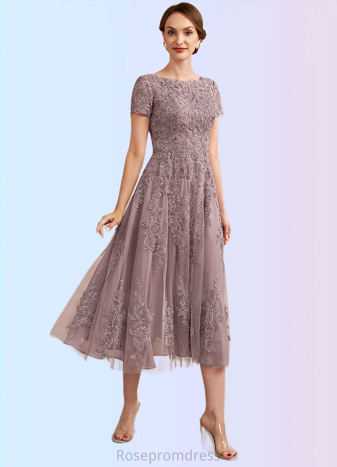 Bella A-Line Scoop Neck Tea-Length Tulle Lace Mother of the Bride Dress SRSP0014538