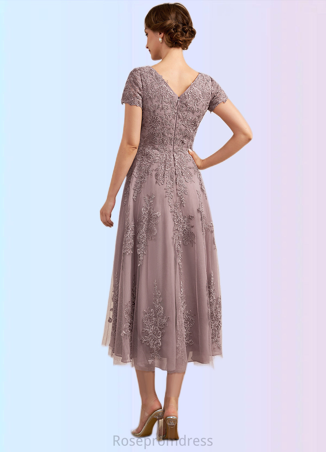 Bella A-Line Scoop Neck Tea-Length Tulle Lace Mother of the Bride Dress SRSP0014538