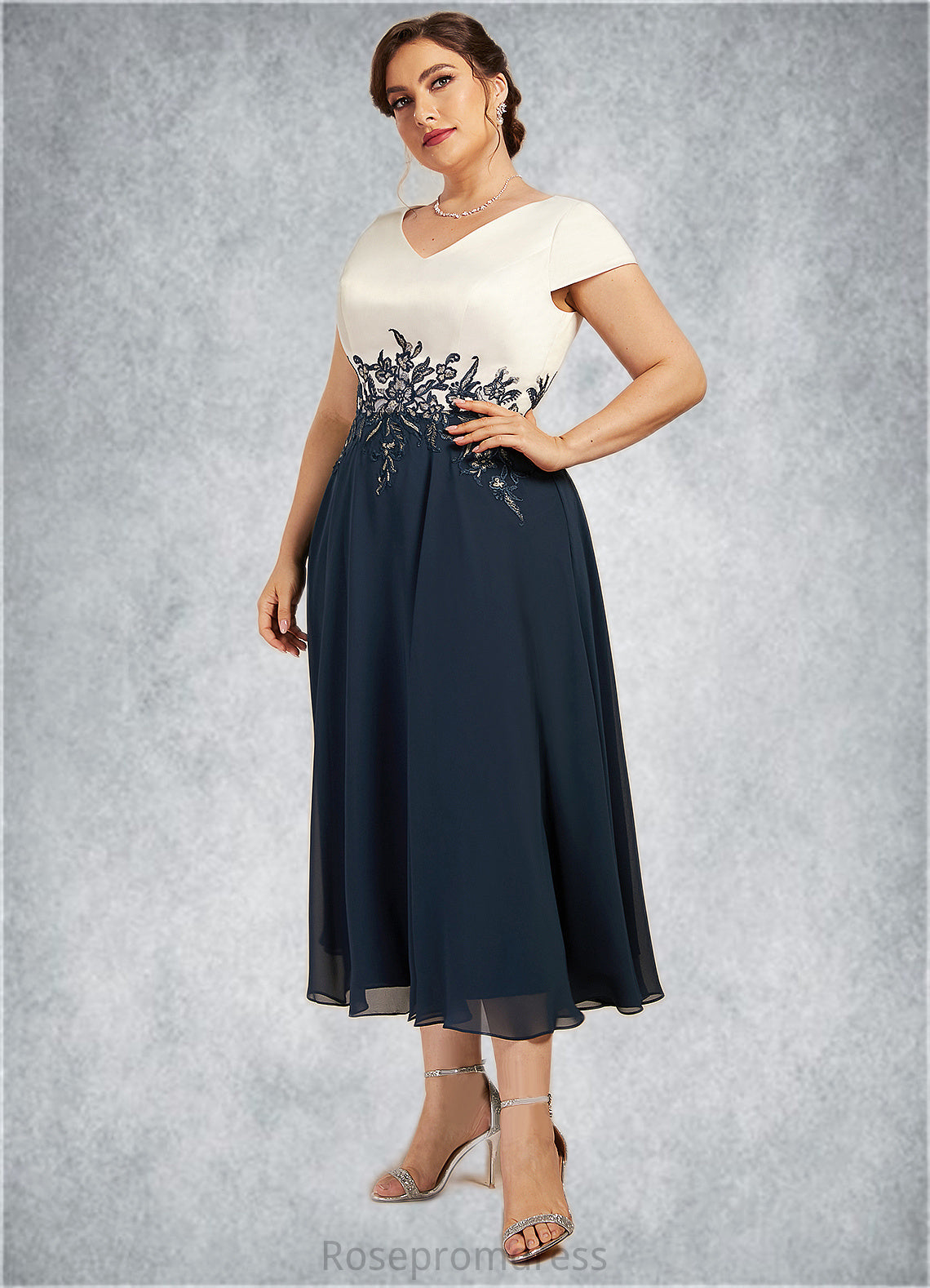 Cristal A-Line V-neck Tea-Length Chiffon Lace Mother of the Bride Dress SRSP0014539