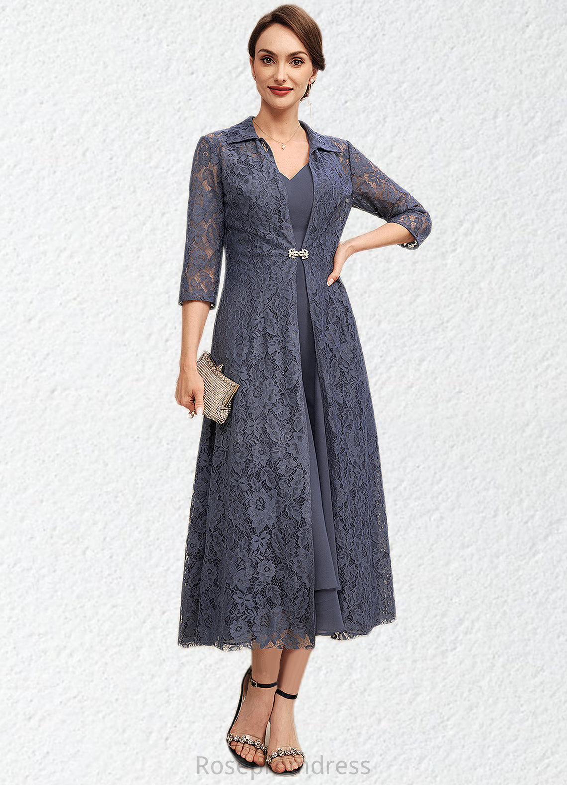 Hallie A-line V-Neck Tea-Length Chiffon Mother of the Bride Dress SRSP0014540