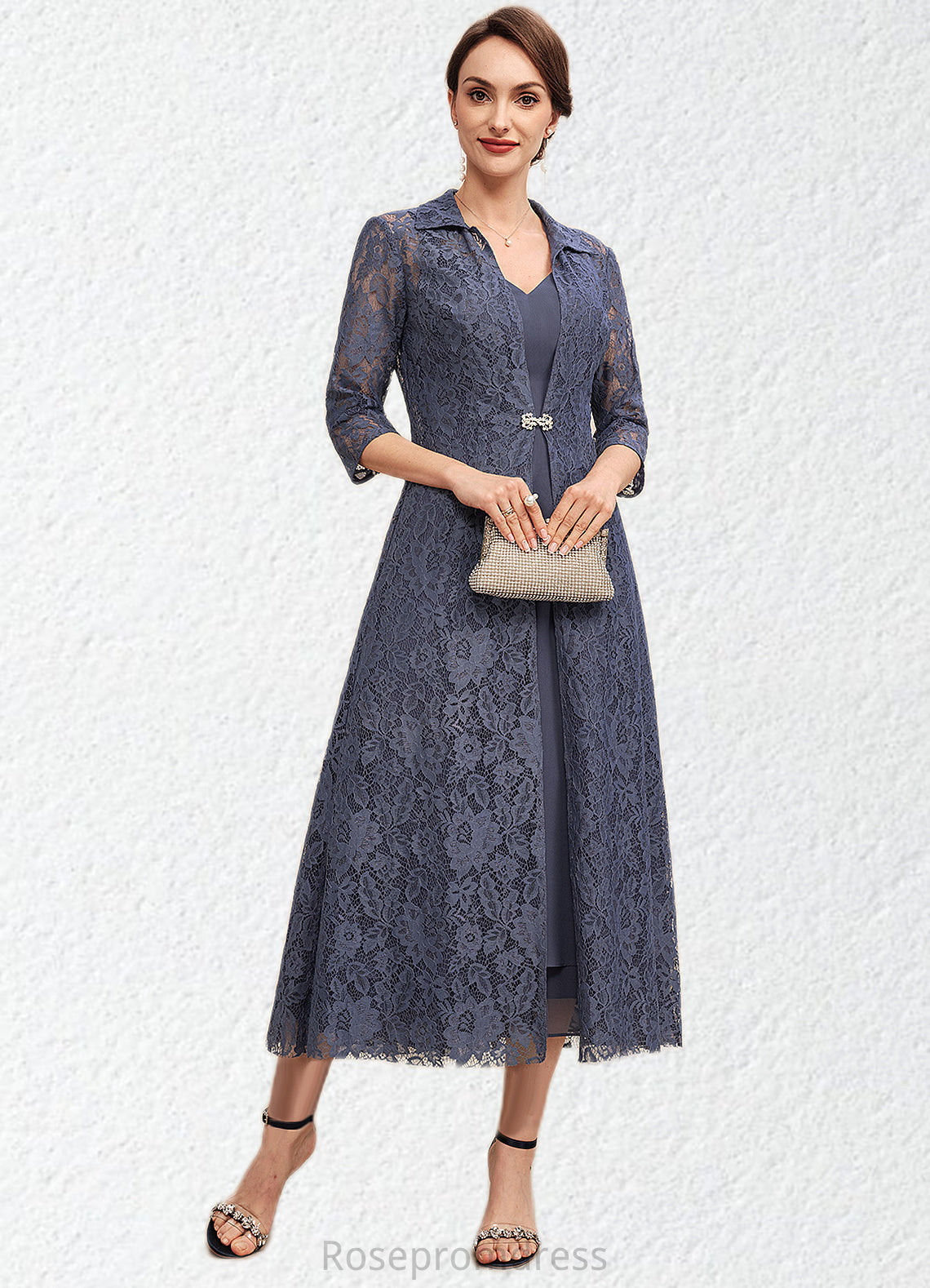 Hallie A-line V-Neck Tea-Length Chiffon Mother of the Bride Dress SRSP0014540