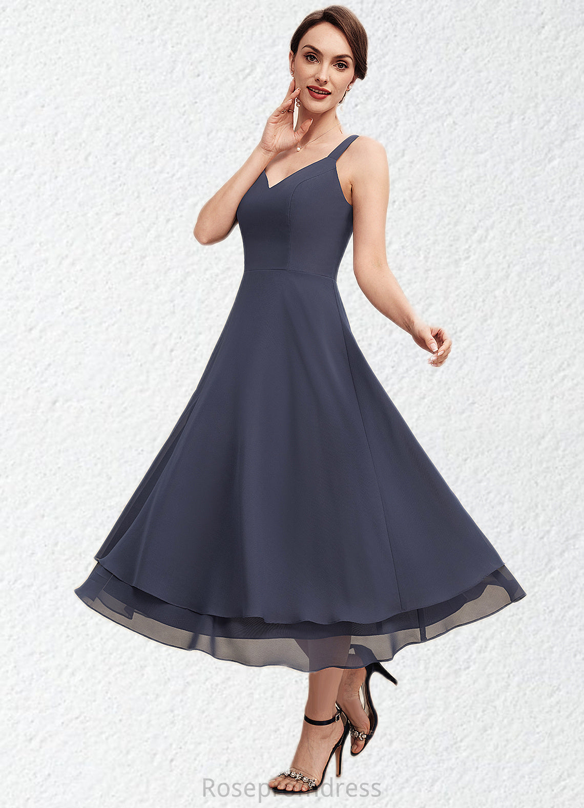 Hallie A-line V-Neck Tea-Length Chiffon Mother of the Bride Dress SRSP0014540