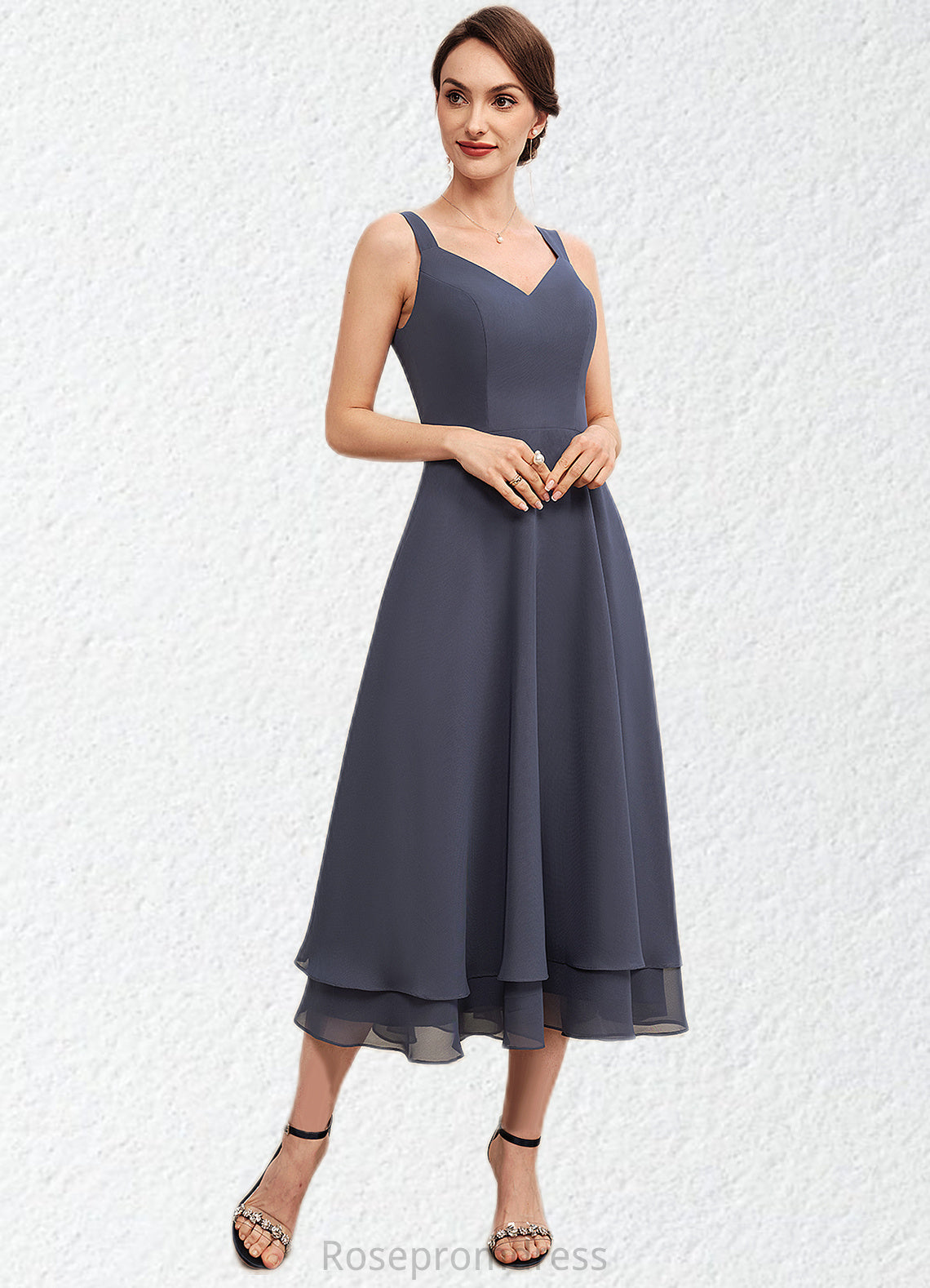 Hallie A-line V-Neck Tea-Length Chiffon Mother of the Bride Dress SRSP0014540
