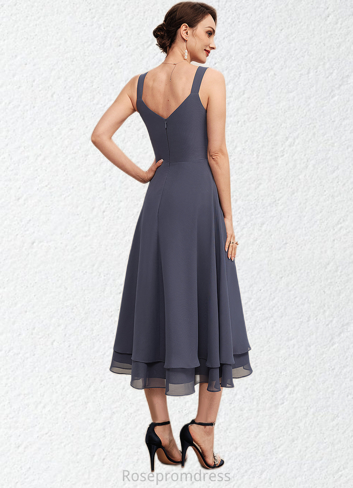 Hallie A-line V-Neck Tea-Length Chiffon Mother of the Bride Dress SRSP0014540