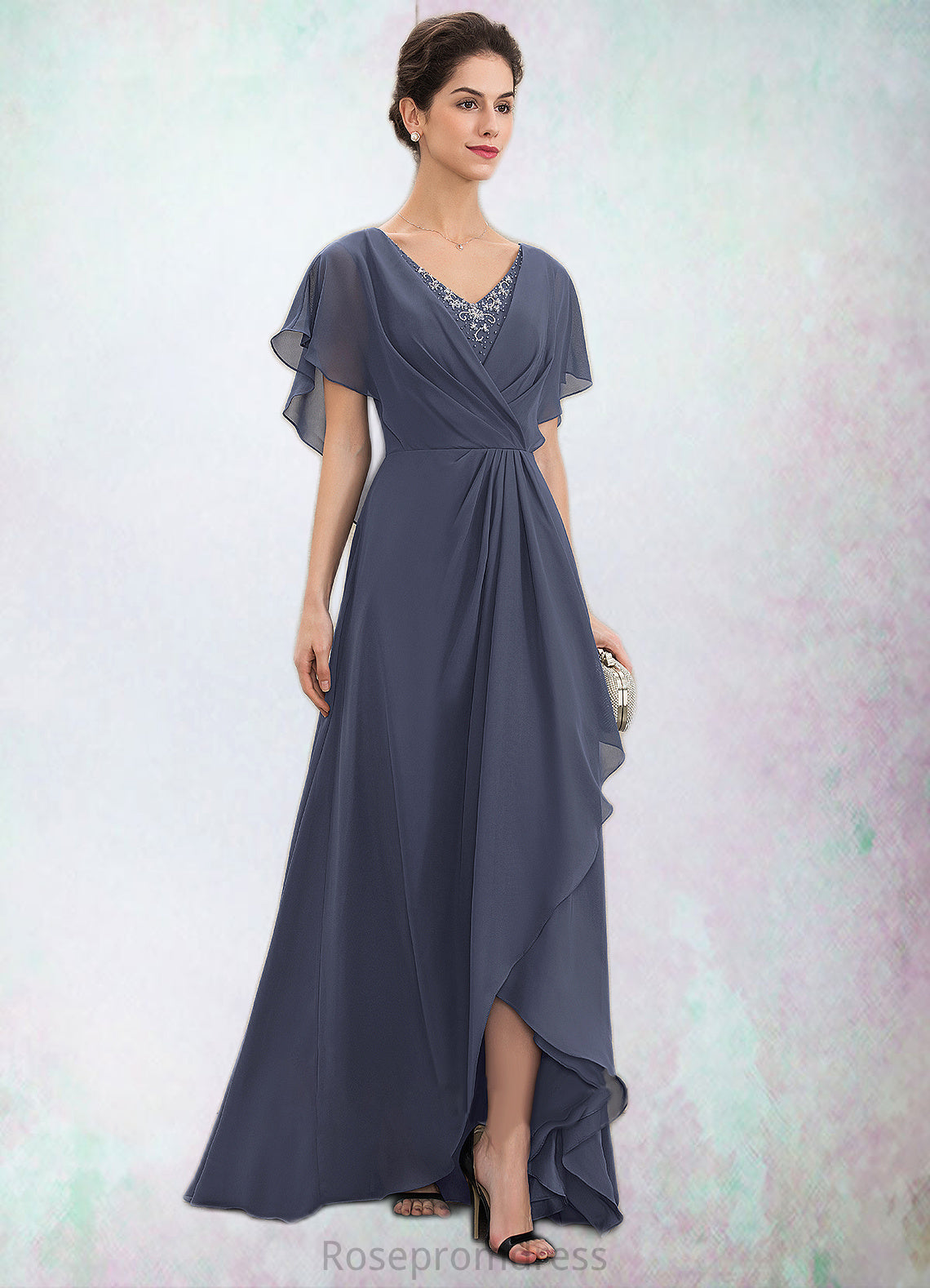 Saniya A-Line V-neck Asymmetrical Chiffon Mother of the Bride Dress With Beading Sequins SRSP0014541