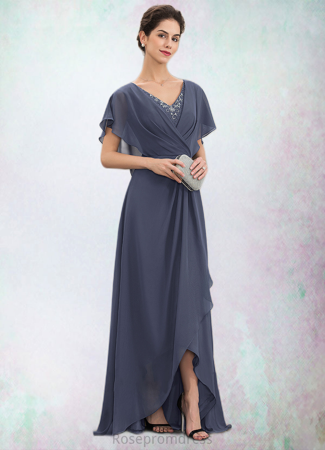Saniya A-Line V-neck Asymmetrical Chiffon Mother of the Bride Dress With Beading Sequins SRSP0014541