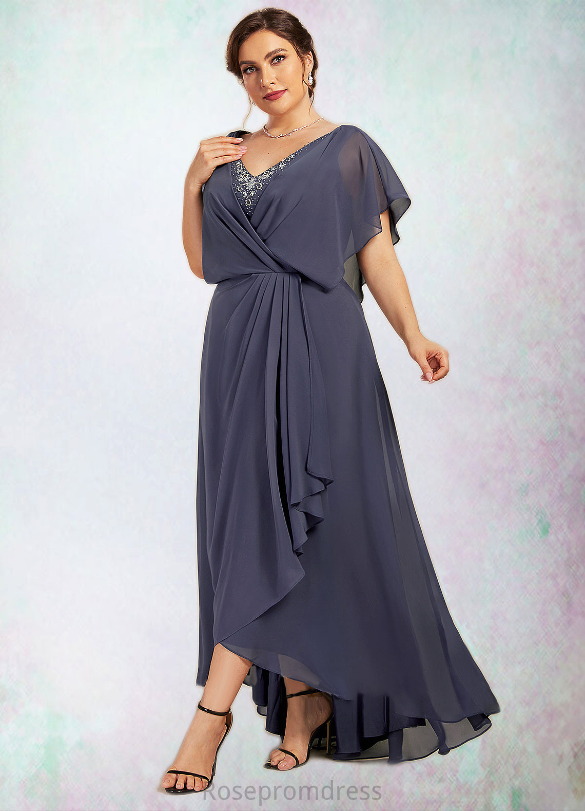 Saniya A-Line V-neck Asymmetrical Chiffon Mother of the Bride Dress With Beading Sequins SRSP0014541