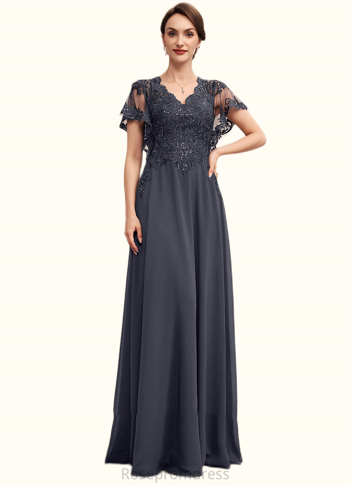 Amy A-line V-Neck Floor-Length Chiffon Lace Mother of the Bride Dress With Sequins SRSP0014542
