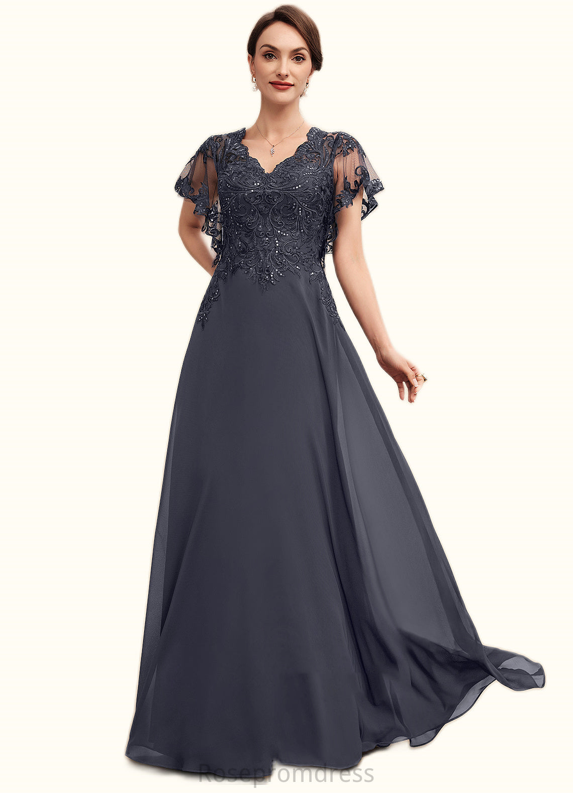 Amy A-line V-Neck Floor-Length Chiffon Lace Mother of the Bride Dress With Sequins SRSP0014542