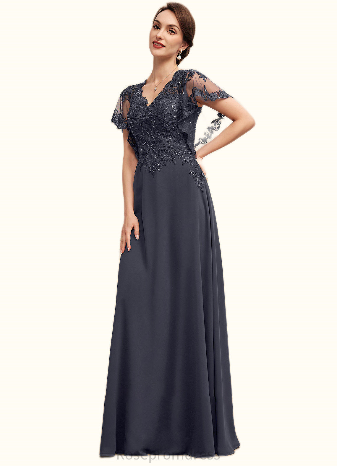 Amy A-line V-Neck Floor-Length Chiffon Lace Mother of the Bride Dress With Sequins SRSP0014542