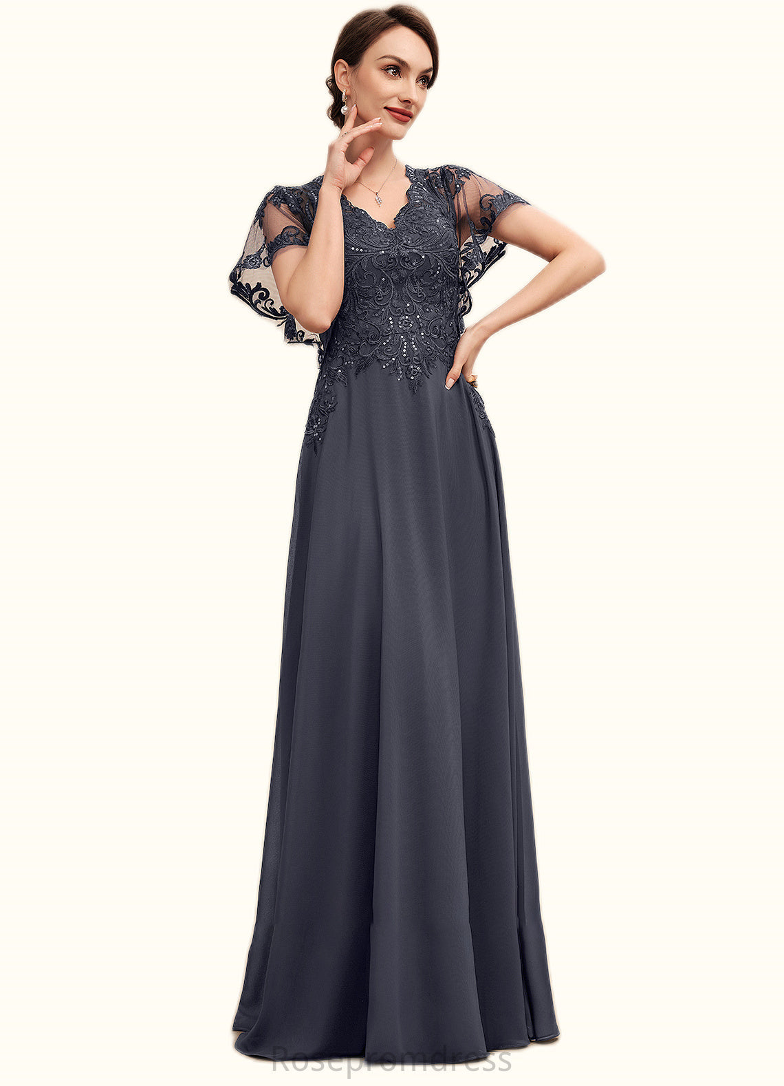 Amy A-line V-Neck Floor-Length Chiffon Lace Mother of the Bride Dress With Sequins SRSP0014542