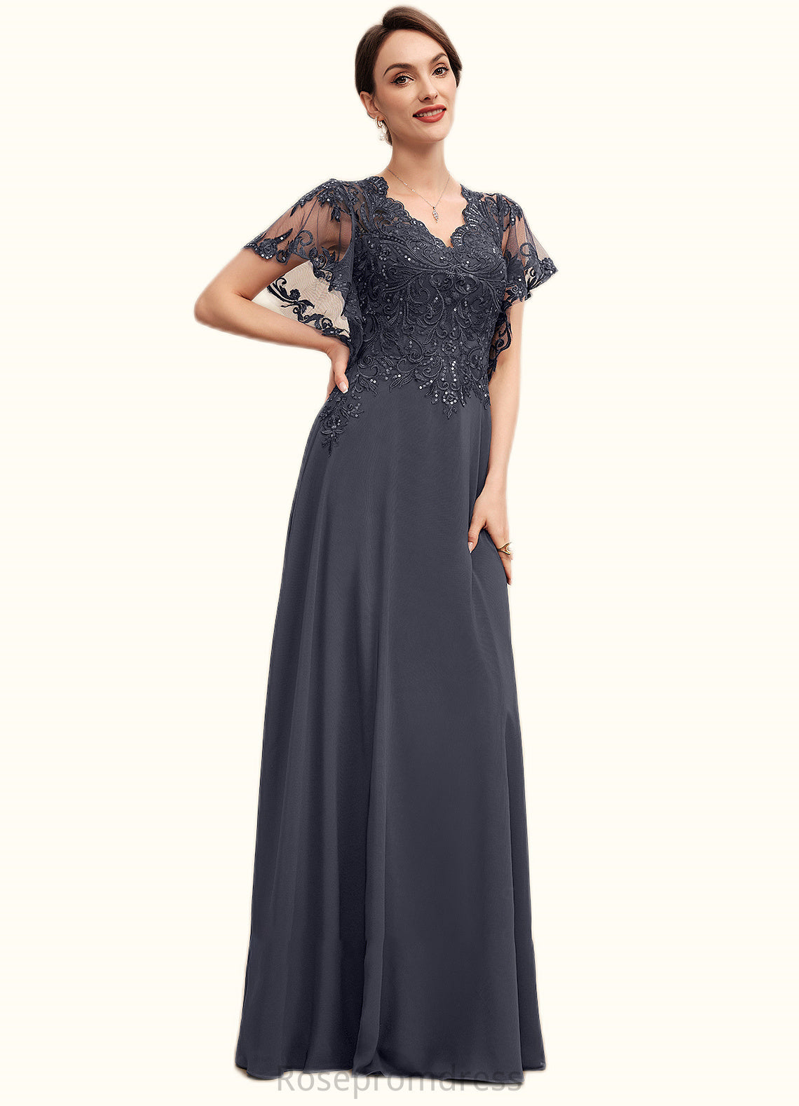Amy A-line V-Neck Floor-Length Chiffon Lace Mother of the Bride Dress With Sequins SRSP0014542