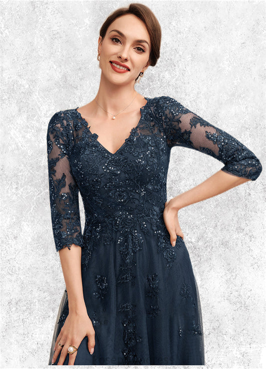 Nadine A-Line V-neck Floor-Length Tulle Lace Mother of the Bride Dress With Sequins SRSP0014543