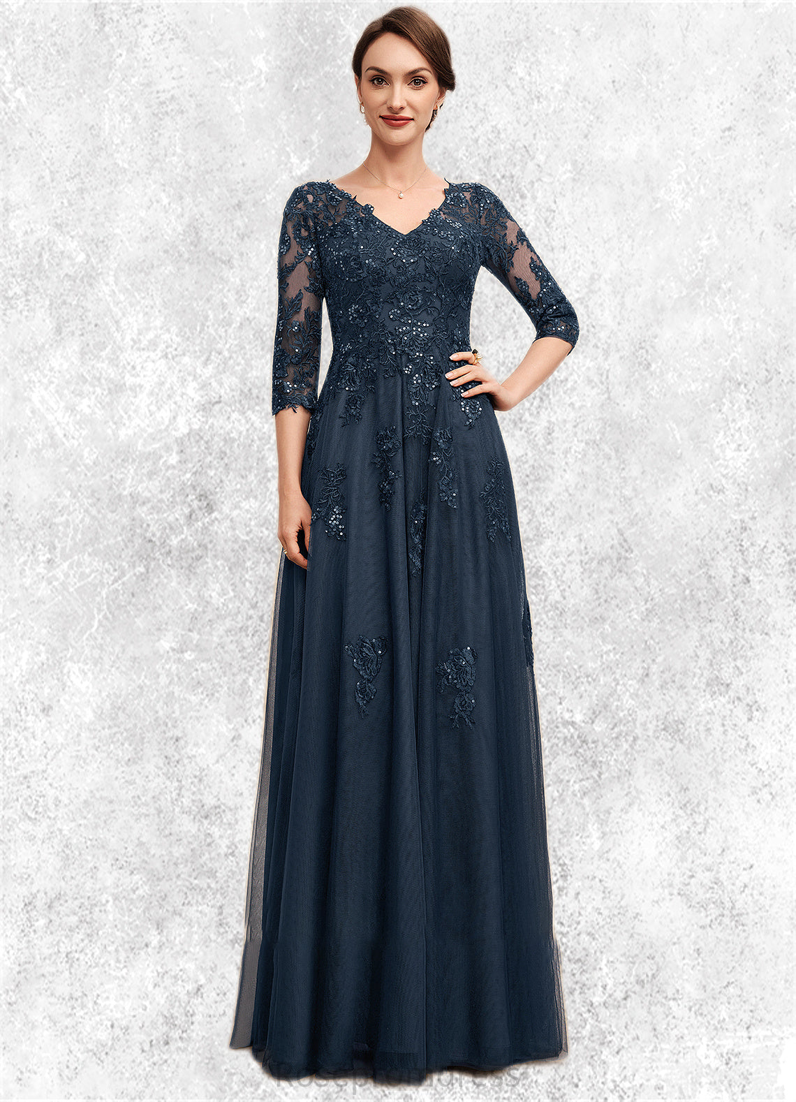 Nadine A-Line V-neck Floor-Length Tulle Lace Mother of the Bride Dress With Sequins SRSP0014543