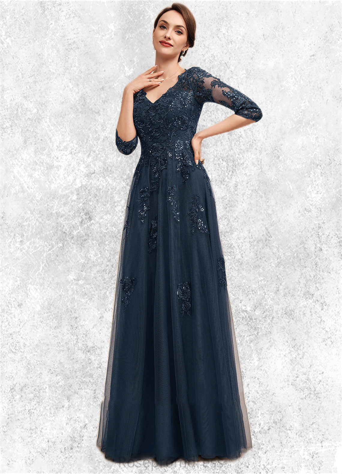 Nadine A-Line V-neck Floor-Length Tulle Lace Mother of the Bride Dress With Sequins SRSP0014543