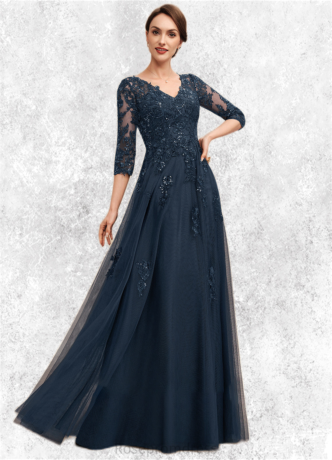 Nadine A-Line V-neck Floor-Length Tulle Lace Mother of the Bride Dress With Sequins SRSP0014543