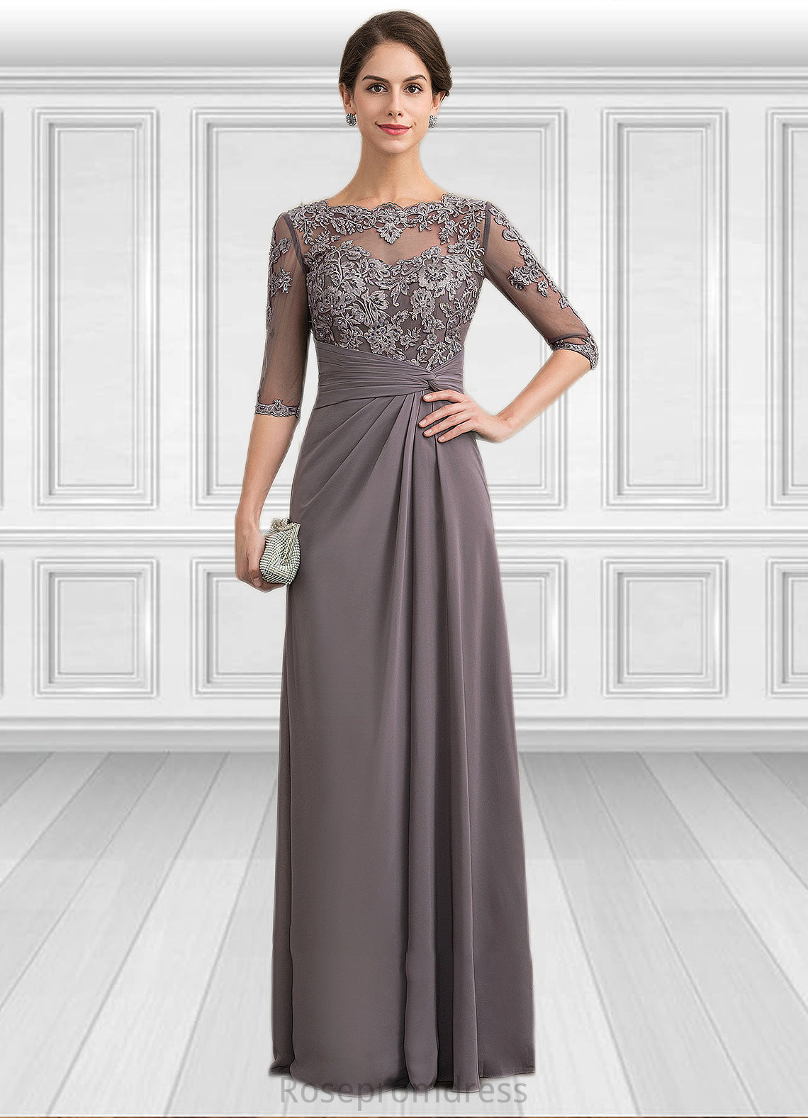 Leia A-Line Scoop Neck Floor-Length Chiffon Lace Mother of the Bride Dress With Beading Sequins SRSP0014546