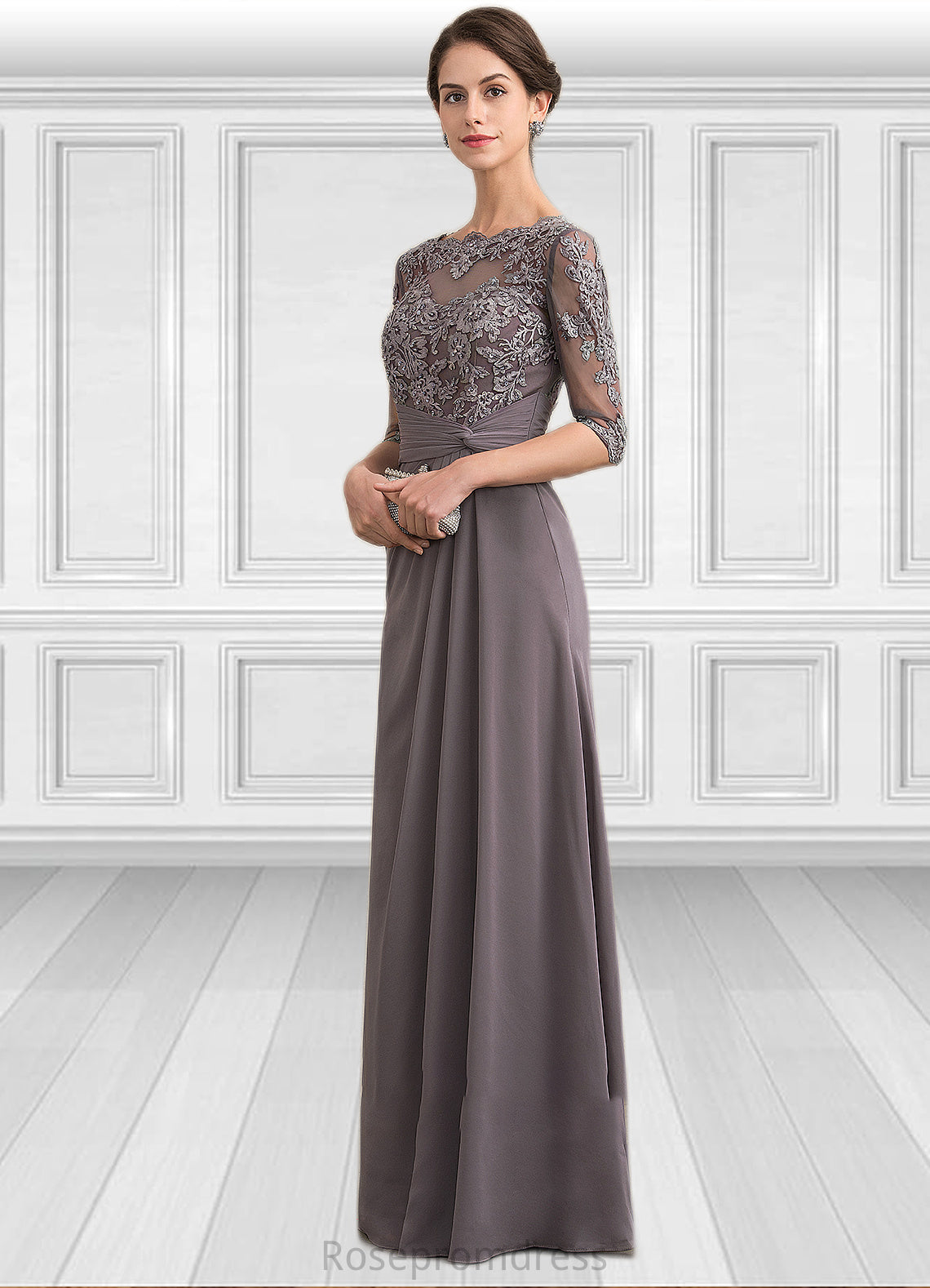 Leia A-Line Scoop Neck Floor-Length Chiffon Lace Mother of the Bride Dress With Beading Sequins SRSP0014546