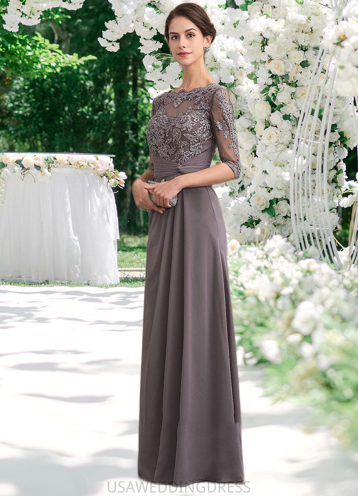 Harriet A-Line Scoop Neck Floor-Length Chiffon Lace Mother of the Bride Dress With Beading Sequins DS126P0014546