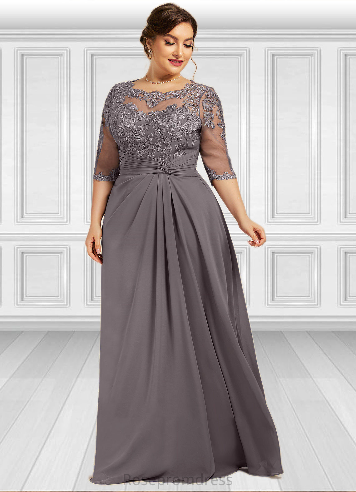 Leia A-Line Scoop Neck Floor-Length Chiffon Lace Mother of the Bride Dress With Beading Sequins SRSP0014546