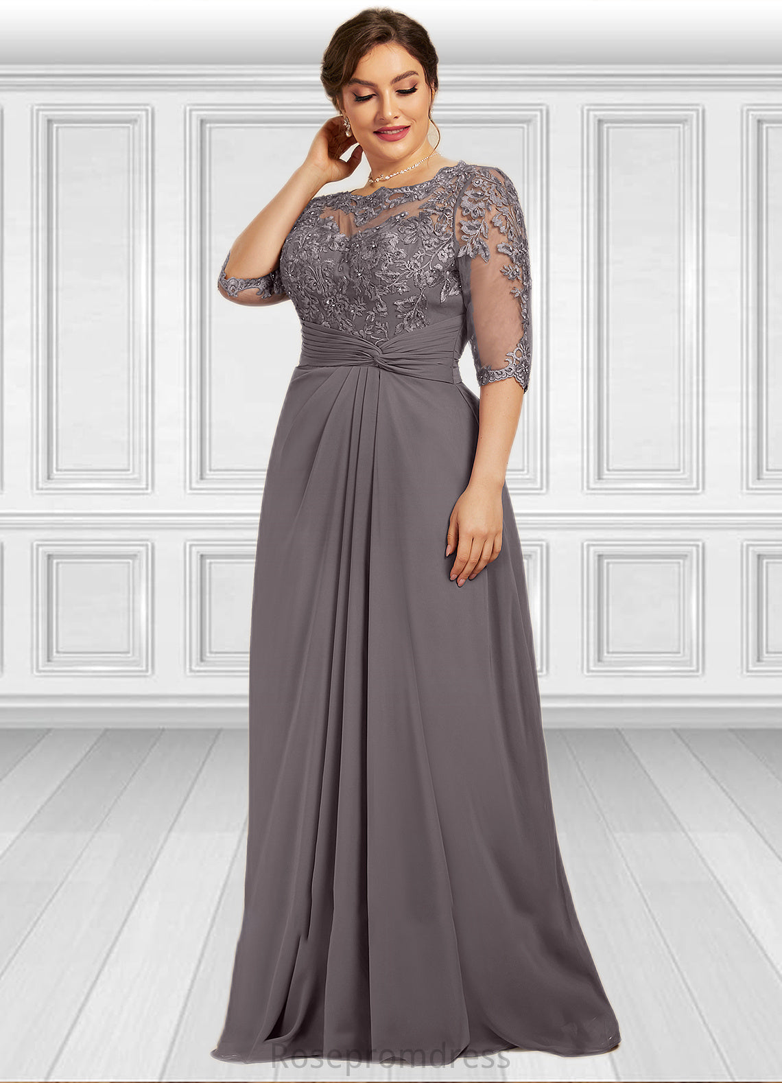 Leia A-Line Scoop Neck Floor-Length Chiffon Lace Mother of the Bride Dress With Beading Sequins SRSP0014546