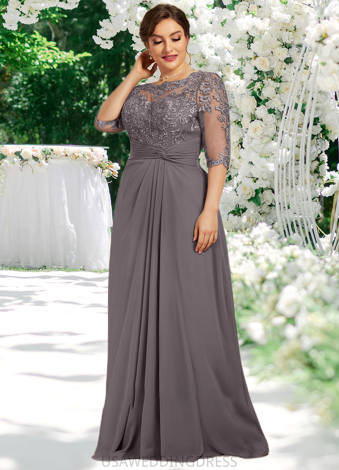 Harriet A-Line Scoop Neck Floor-Length Chiffon Lace Mother of the Bride Dress With Beading Sequins DS126P0014546