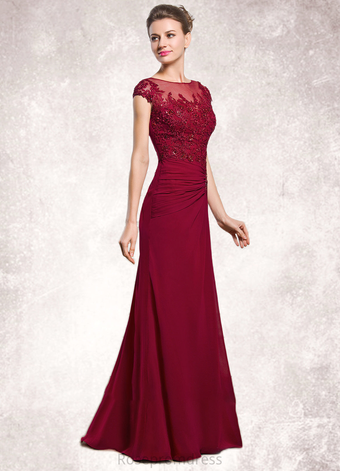 Aspen Sheath/Column Scoop Neck Floor-Length Chiffon Mother of the Bride Dress With Ruffle Beading Appliques Lace Sequins Split Front SRSP0014549