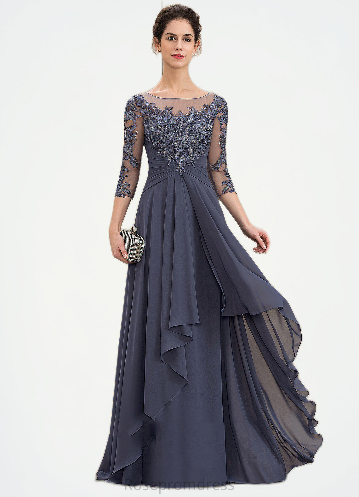Bella A-Line Scoop Neck Floor-Length Chiffon Lace Mother of the Bride Dress With Cascading Ruffles SRSP0014550