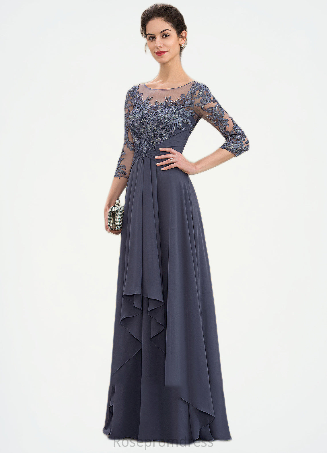 Bella A-Line Scoop Neck Floor-Length Chiffon Lace Mother of the Bride Dress With Cascading Ruffles SRSP0014550