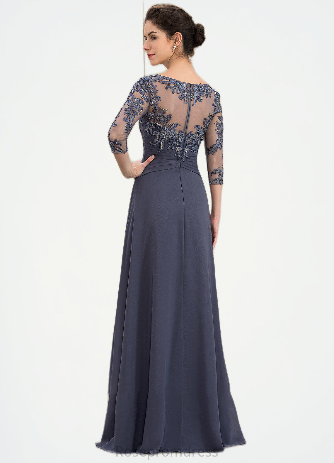 Bella A-Line Scoop Neck Floor-Length Chiffon Lace Mother of the Bride Dress With Cascading Ruffles SRSP0014550