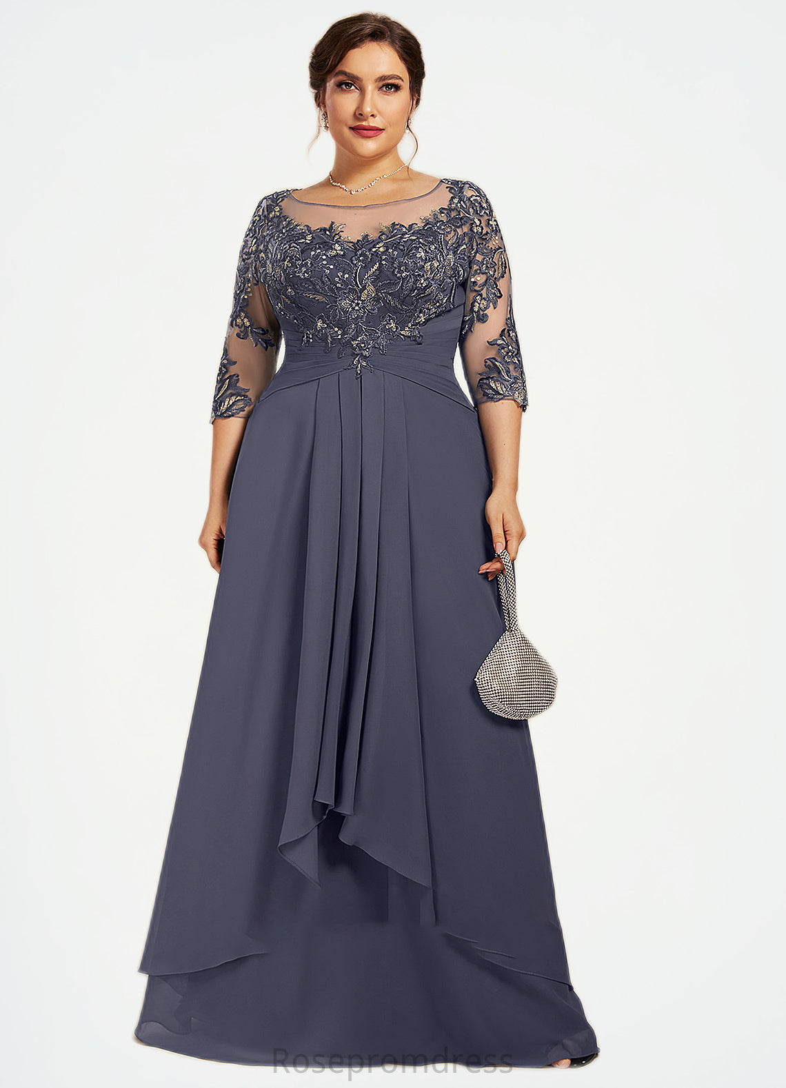 Bella A-Line Scoop Neck Floor-Length Chiffon Lace Mother of the Bride Dress With Cascading Ruffles SRSP0014550