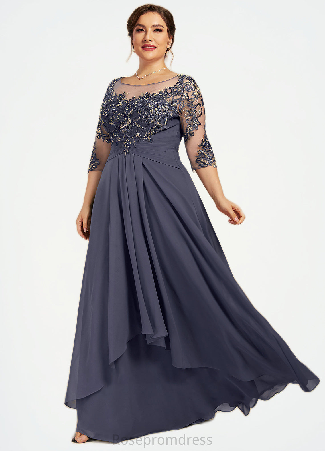 Bella A-Line Scoop Neck Floor-Length Chiffon Lace Mother of the Bride Dress With Cascading Ruffles SRSP0014550