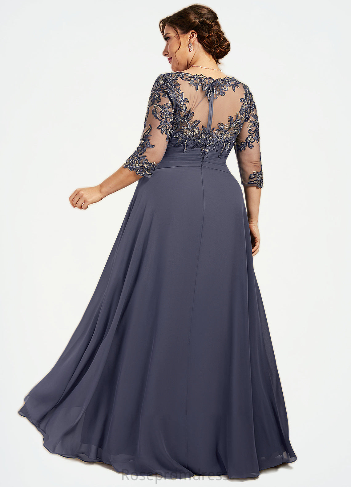 Bella A-Line Scoop Neck Floor-Length Chiffon Lace Mother of the Bride Dress With Cascading Ruffles SRSP0014550