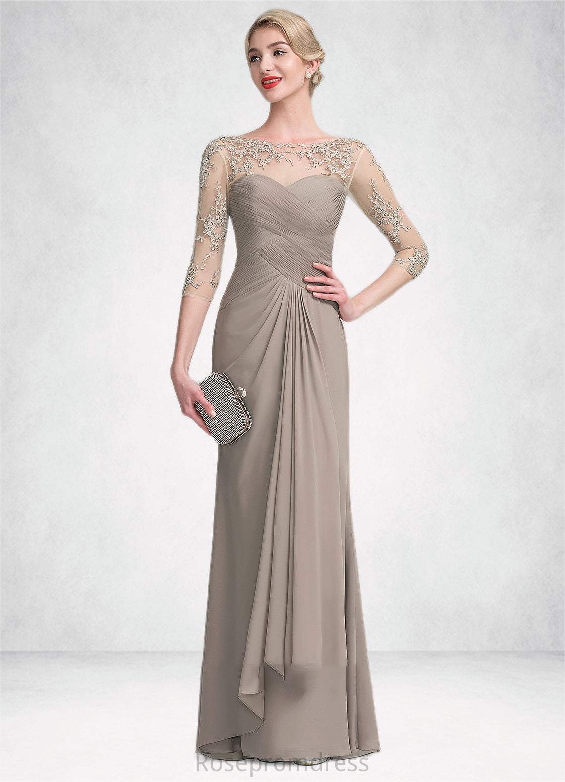 Renee A-Line Scoop Neck Floor-Length Chiffon Lace Mother of the Bride Dress With Beading Sequins Cascading Ruffles SRSP0014551