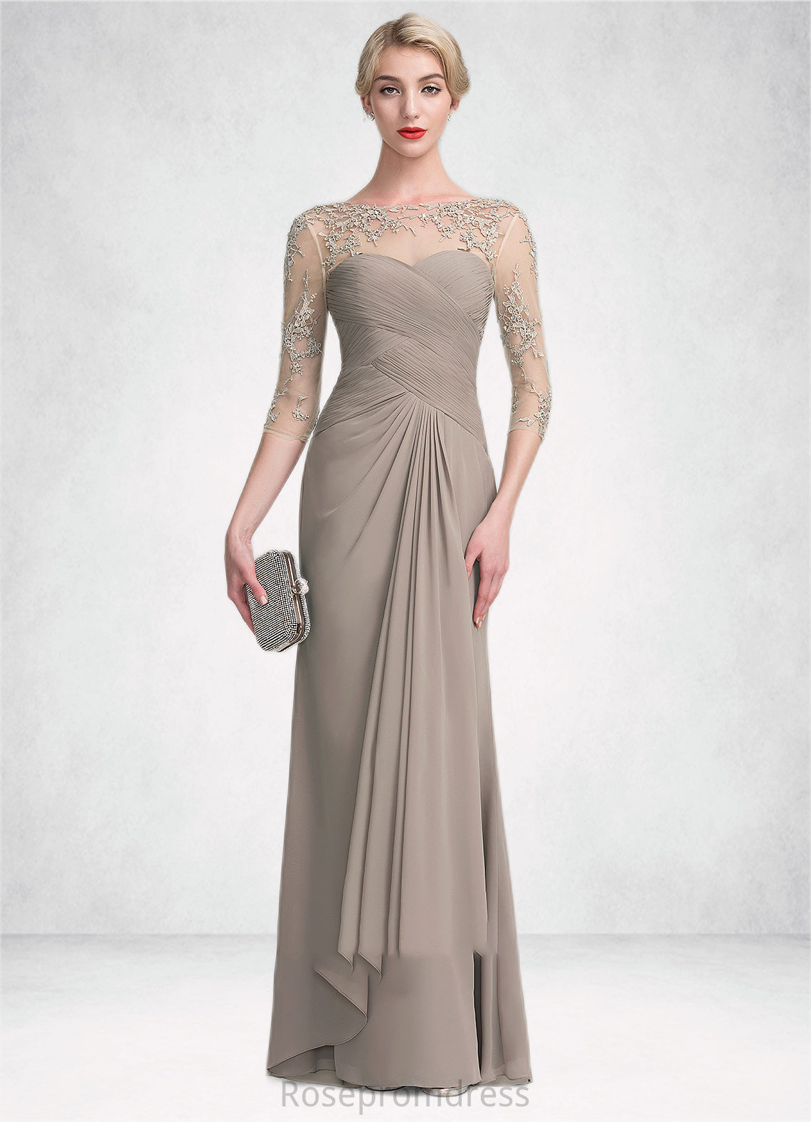 Renee A-Line Scoop Neck Floor-Length Chiffon Lace Mother of the Bride Dress With Beading Sequins Cascading Ruffles SRSP0014551